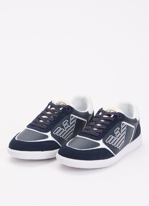 Armani Sneaker van leer met suède details - detail 3 donkerblauw