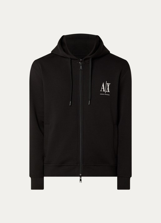 Armani Sweatvest met logoborduring en capuchon - voorkant zwart
