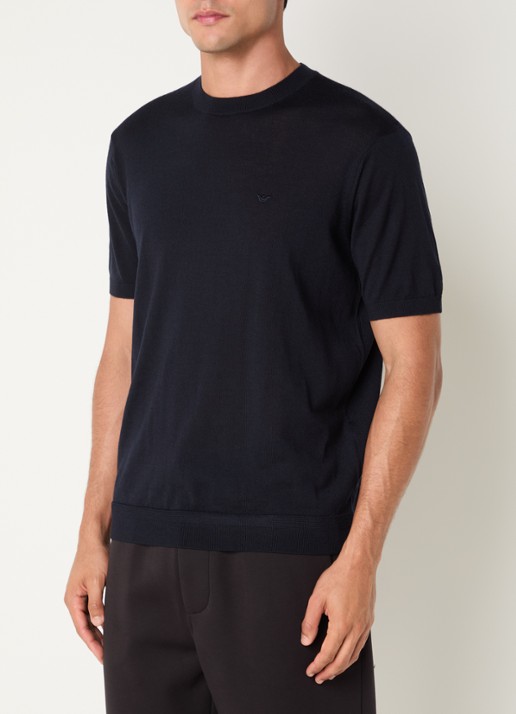 Armani T-shirt in wolblend met logo - detail 4 donkerblauw