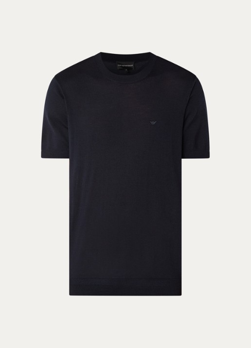 Armani T-shirt in wolblend met logo - voorkant 2 donkerblauw