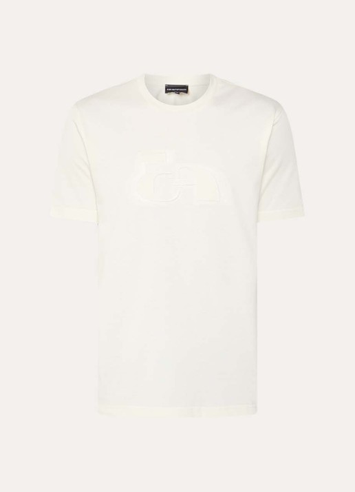Armani T-shirt met flock logoprint - voorkant gebroken wit