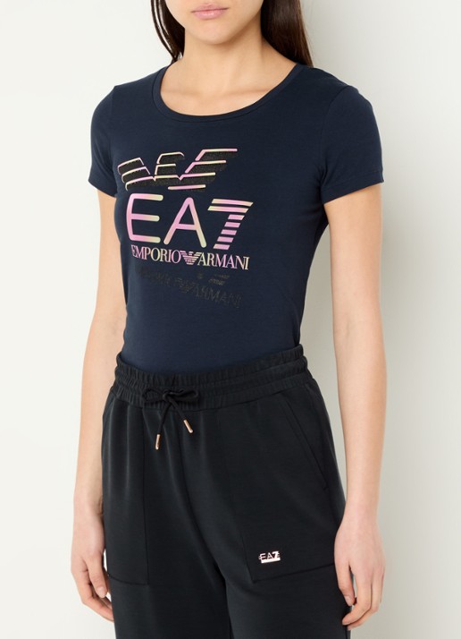 Armani Trainings T-shirt met logoprint - detail donkerblauw