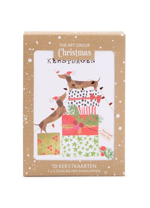 Art Group Kat en Teckel kerstkaar - 2 dessins - set van 10 kaarten inclusief enveloppen