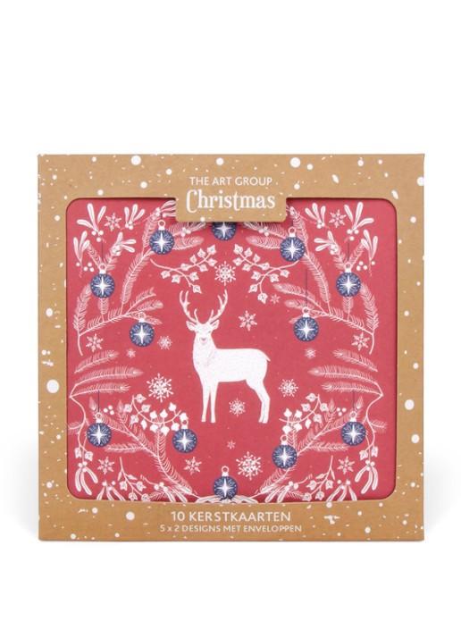Art Group Square Hert/Duif in kersttakken - 2 designs - Kerstkaart met envelop set van 10 - voorkant 2 steenrood
