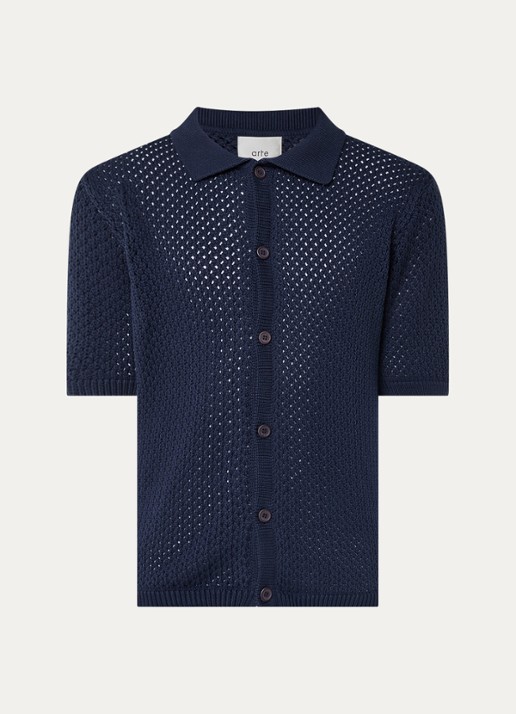 Arte Antwerp Grogebreid regular fit overhemd met opengewerkt dessin - voorkant 2 donkerblauw