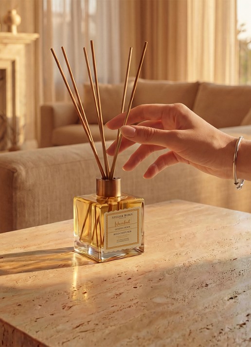 Atelier Rebul Istanbul Golden Hour geurstokjes 120 ml - detail vanillegeel