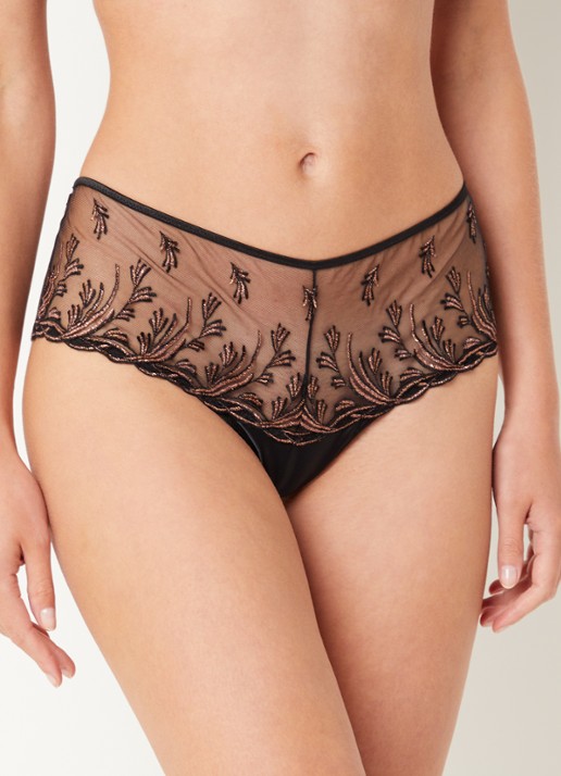 Aubade Cosmic Romance high waisted shorty van mesh  met lurexborduring - voorkant 2 zwart