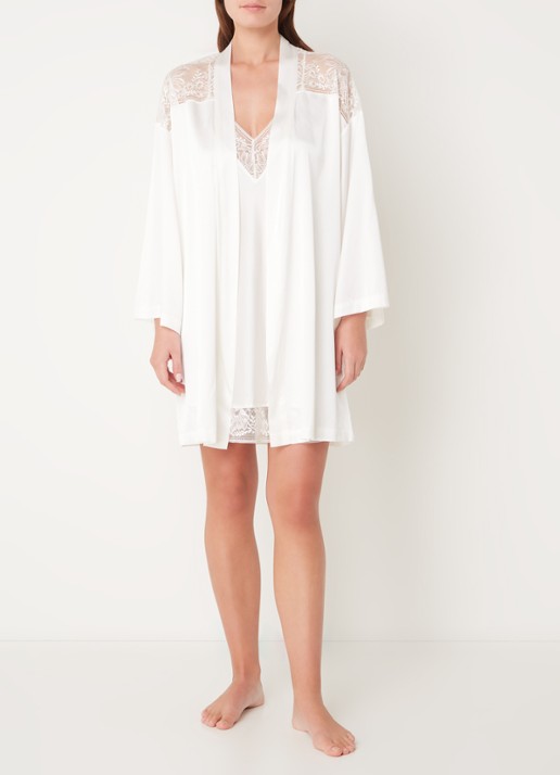 Aubade Midnight Whisper kimono in zijdeblend met kant - voorkant 3 wit