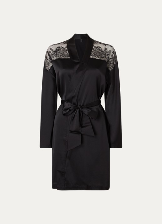 Aubade Midnight Whisper kimono in zijdeblend met kant - voorkant zwart