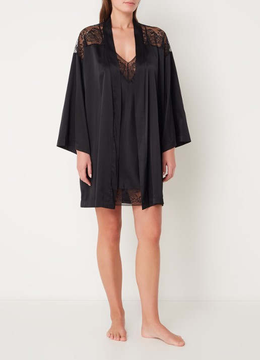 Aubade Midnight Whisper kimono in zijdeblend met kant - voorkant 2 zwart