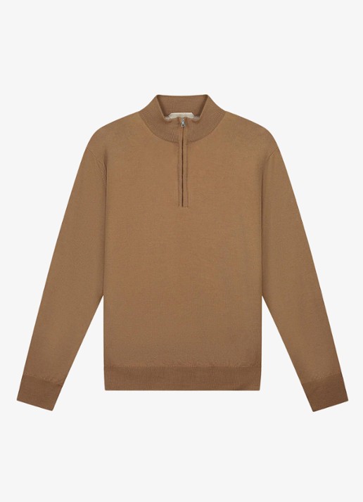 Aurélien Fijngebreide trui van merino wol met halve rits - voorkant caramel-261