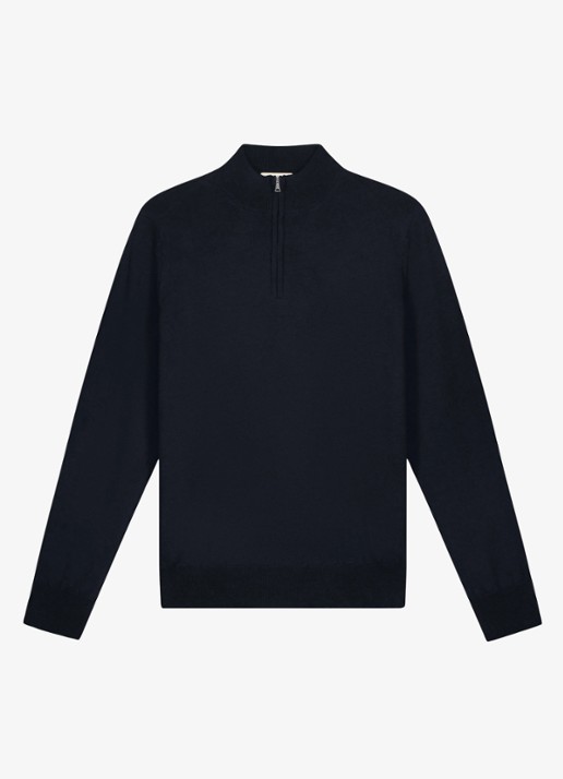 Aurélien Fijngebreide trui van merino wol met halve rits - voorkant 2 navy-410