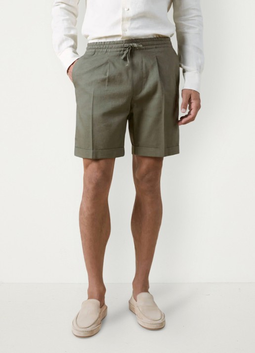Aurélien Straight fit korte broek van linnen met steekzakken - detail olijfgroen