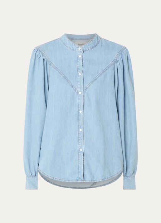 ba&sh Alino blouse van chambray met pofmouw - voorkant indigo