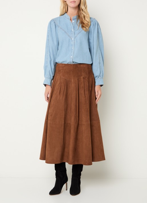 ba&sh Alino blouse van chambray met pofmouw - voorkant 2 indigo