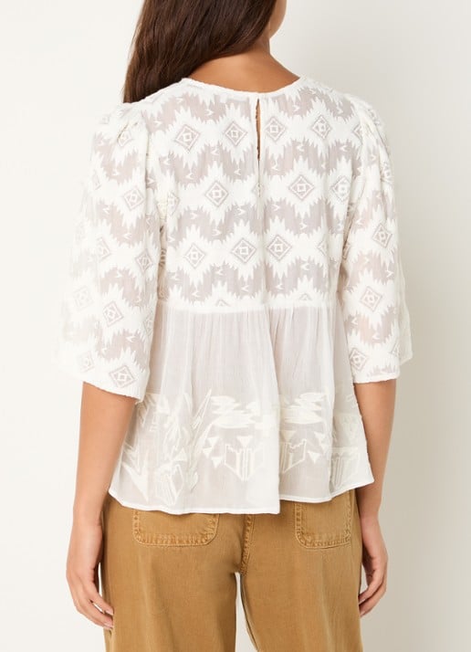 ba&sh Apollon blouse met borduring en pofmouw - achterkant gebroken wit