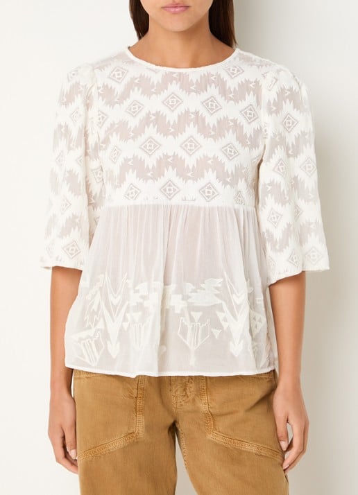 ba&sh Apollon blouse met borduring en pofmouw - detail 2 gebroken wit