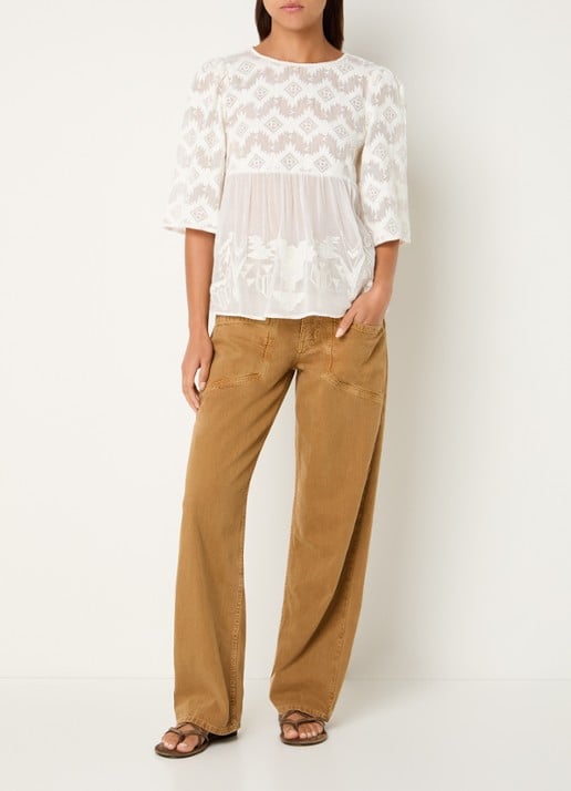 ba&sh Apollon blouse met borduring en pofmouw - voorkant 4 gebroken wit