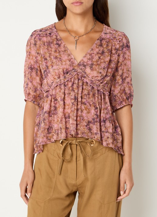 ba&sh Asya top met print en V-hals - detail oudroze