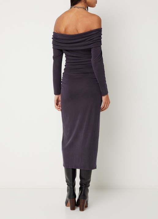 ba&sh Bettina ribgebreide off shoulder jurk  - achterkant indigo