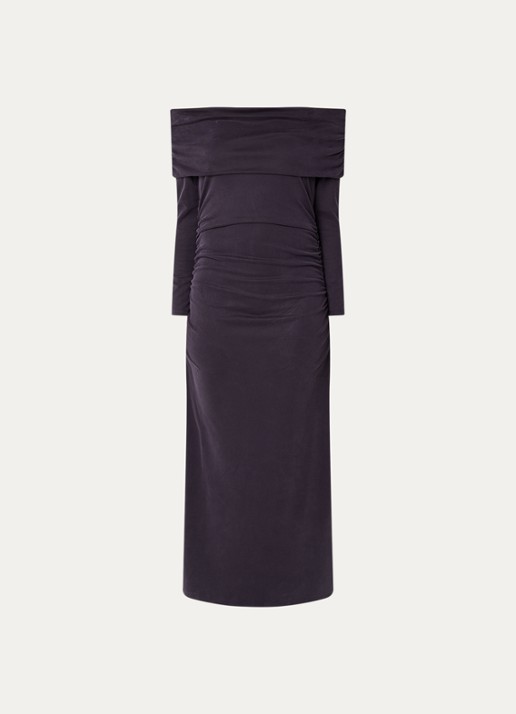 ba&sh Bettina ribgebreide off shoulder jurk  - voorkant 2 indigo