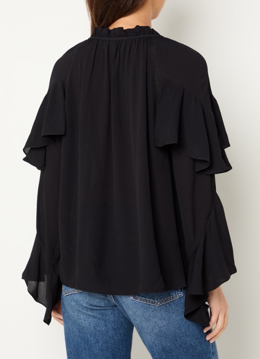 ba&sh  Betty semi-transparante tuniek met ruches en details van kant - achterkant zwart