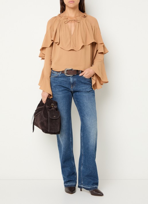 ba&sh  Betty semi-transparante tuniek met ruches en details van kant - voorkant 3 camel