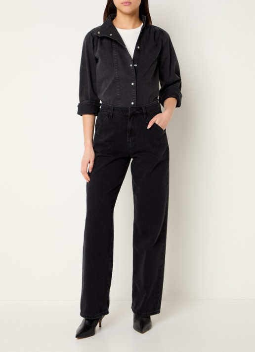 ba&sh Bilena blouse van chambray met opstaande kraag - voorkant 2 zwart