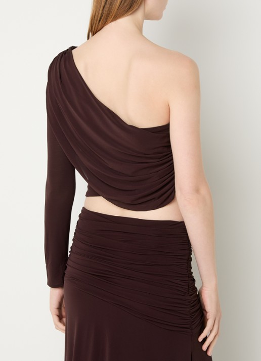 ba&sh Blue one shoulder cropped top met gedrapeerd detail - achterkant 2 bordeauxrood