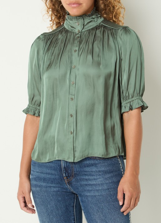 ba&sh Camila blouse van satijn met ballonmouw - detail 3 bronsgroen