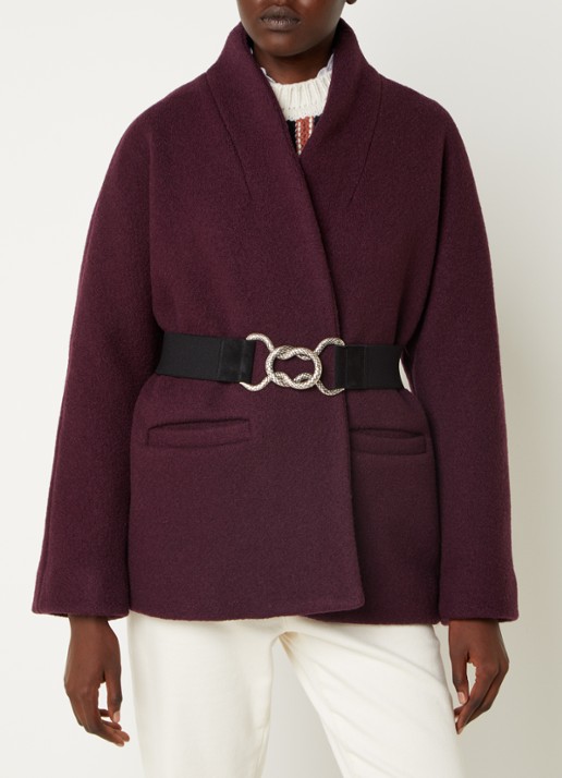ba&sh Carole mantel van wol met ceintuur - detail bordeauxrood