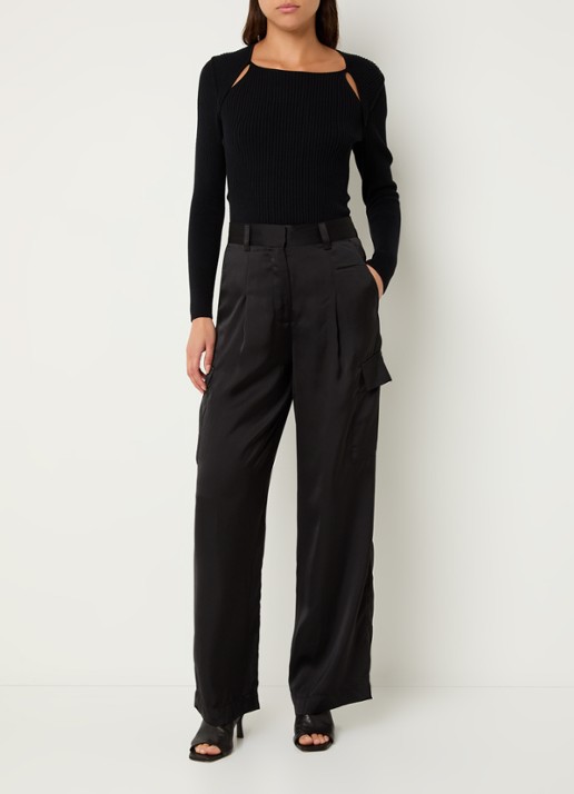 ba&sh Cary high waist loose fit broek van satijn met klepzakken - voorkant 2 zwart