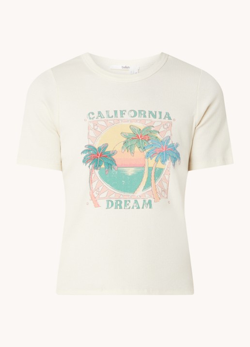 ba&sh Cerena T-shirt met ribstructuur en print - voorkant creme