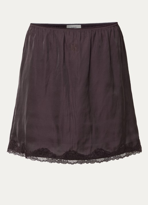 ba&sh Cesaria mini rok van satijn met details van kant - voorkant 2 aubergine