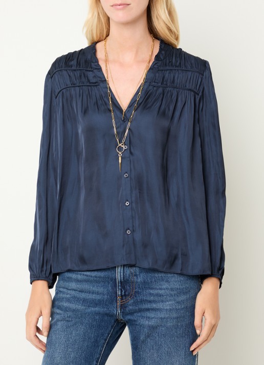 ba&sh Cessia blouse met ruches - detail 3 donkerblauw