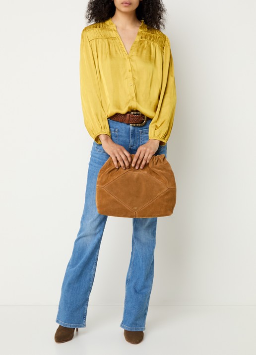 ba&sh Cessia blouse van satijn met ruches - voorkant 4 okergeel