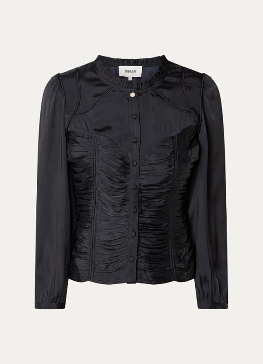 ba&sh Cimila blouse van satijn met smockwerk - voorkant zwart