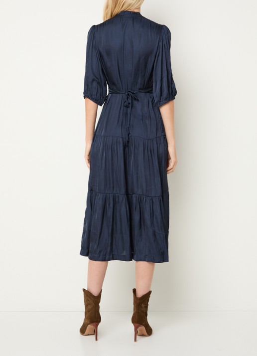 ba&sh Cleli midi tuniekjurk van satijn met volant - achterkant 2 donkerblauw