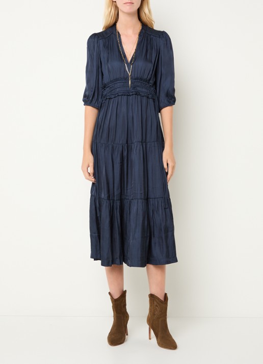 ba&sh Cleli midi tuniekjurk van satijn met volant - detail donkerblauw