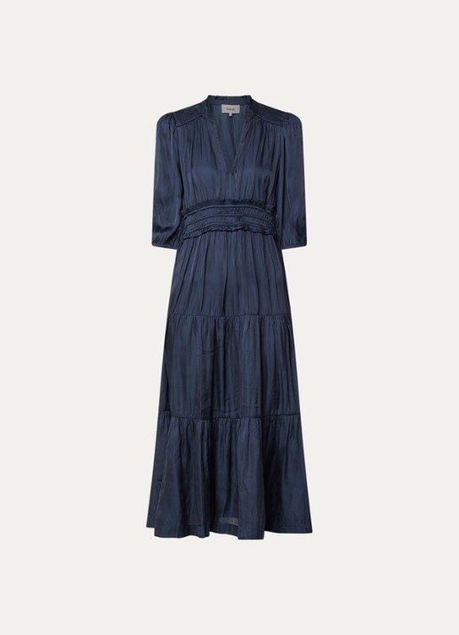 ba&sh Cleli midi tuniekjurk van satijn met volant - voorkant 3 donkerblauw
