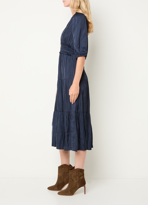ba&sh Cleli midi tuniekjurk van satijn met volant - voorkant 4 donkerblauw