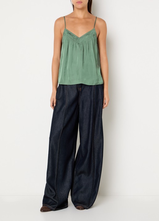 ba&sh Clovis top met spaghetti bandjes en glanzende finish  - voorkant 3 khaki