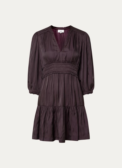 ba&sh Cyrilia mini tuniekjurk van satijn met smockwerk - voorkant aubergine