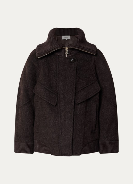 ba&sh Dania mantel in alpaca wolblend met opstaande kraag en steekzakken - voorkant 2 donkerbruin
