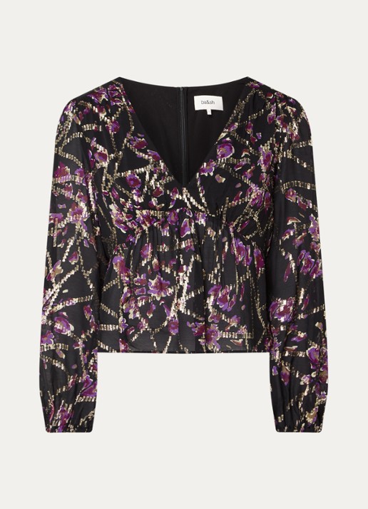 ba&sh Divine top in zijdeblend met print en lurex - voorkant 3 zwart