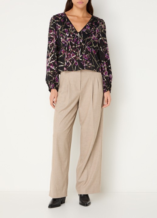 ba&sh Divine top in zijdeblend met print en lurex - voorkant 4 zwart