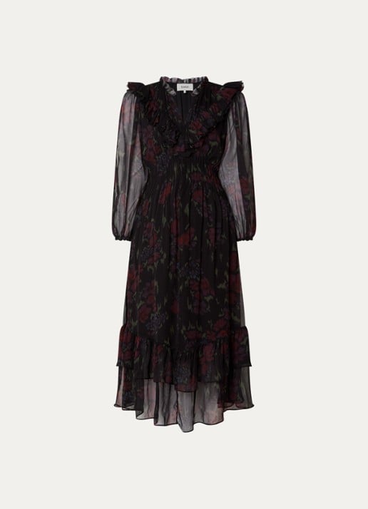 ba&sh Dova maxi jurk met volant en print - voorkant 3 zwart
