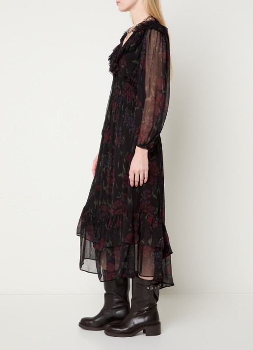 ba&sh Dova maxi jurk met volant en print - voorkant 4 zwart