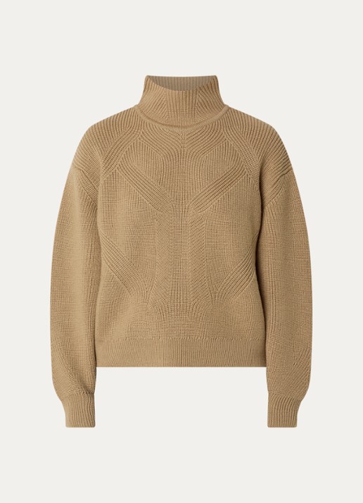 ba&sh Fijngebreide pullover van wol met opstaande kraag - voorkant 2 camel