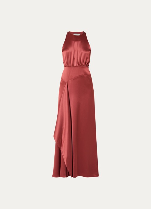 ba&sh Gerry maxi jurk van satijn met asymmetrische zoom - voorkant 2 steenrood